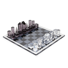 Chess board and pieces made of lucite acyrlic.