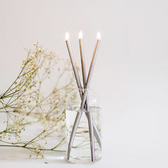 Everlasting candle made of silver colored metal rods in a glass container on a white background and decorative branch